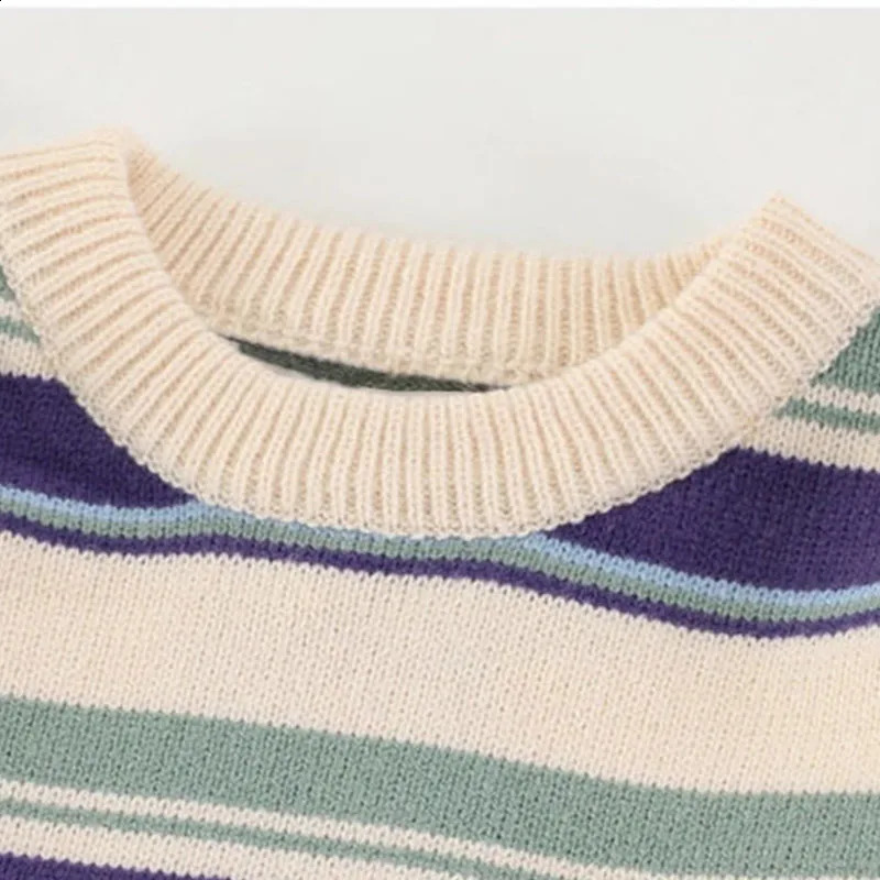 Japanese Patchwork Striped Sweater Men Knitwears Winter Retro Vintage Harajuku Pullover Knit Embroidery Knitted Sweater 240127