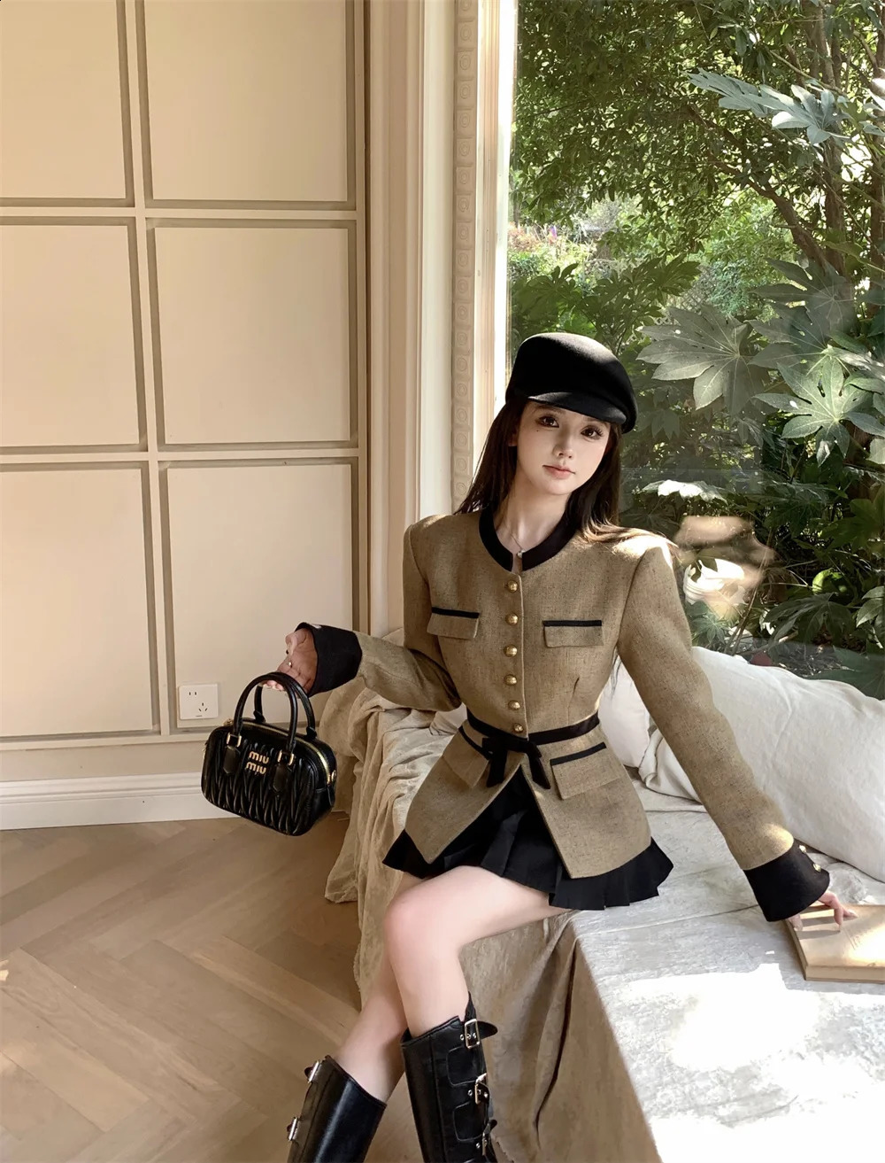 Womens Small Fragrance Short Stand Neck Waist Raglan Suit Pleated Skirt Set Vintage Casual Belt Coat Two Piece 240202