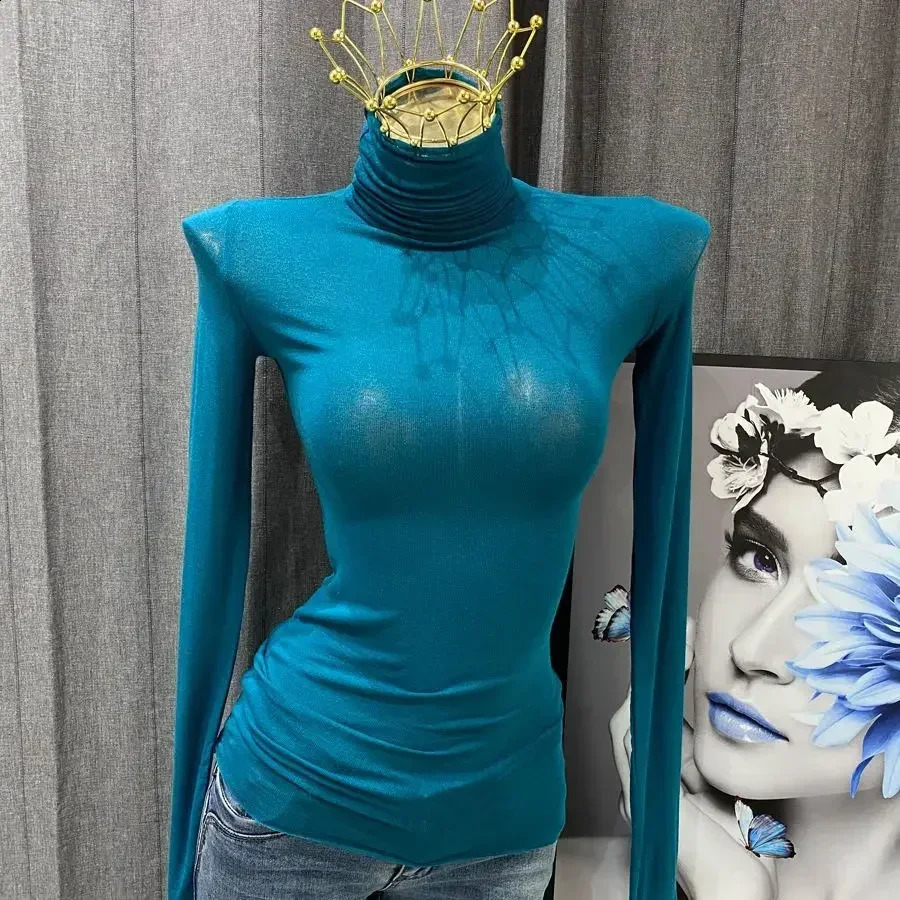 Wholesale Thin Turtleneck Top Slim Fit T Shirts Spring Autumn Elastic Transparent Long Sleeve Solid Women High Collar T Shirt 240118Z