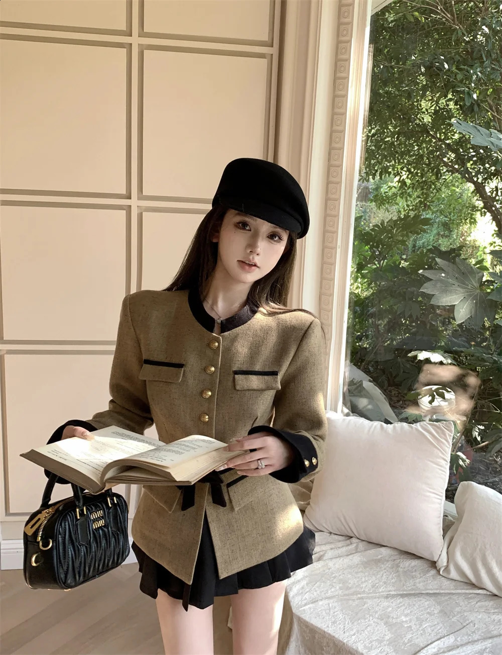 Womens Small Fragrance Short Stand Neck Waist Raglan Suit Pleated Skirt Set Vintage Casual Belt Coat Two Piece 240202