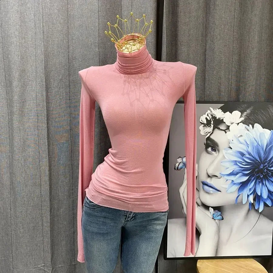 Wholesale Thin Turtleneck Top Slim Fit T Shirts Spring Autumn Elastic Transparent Long Sleeve Solid Women High Collar T Shirt 240118Z