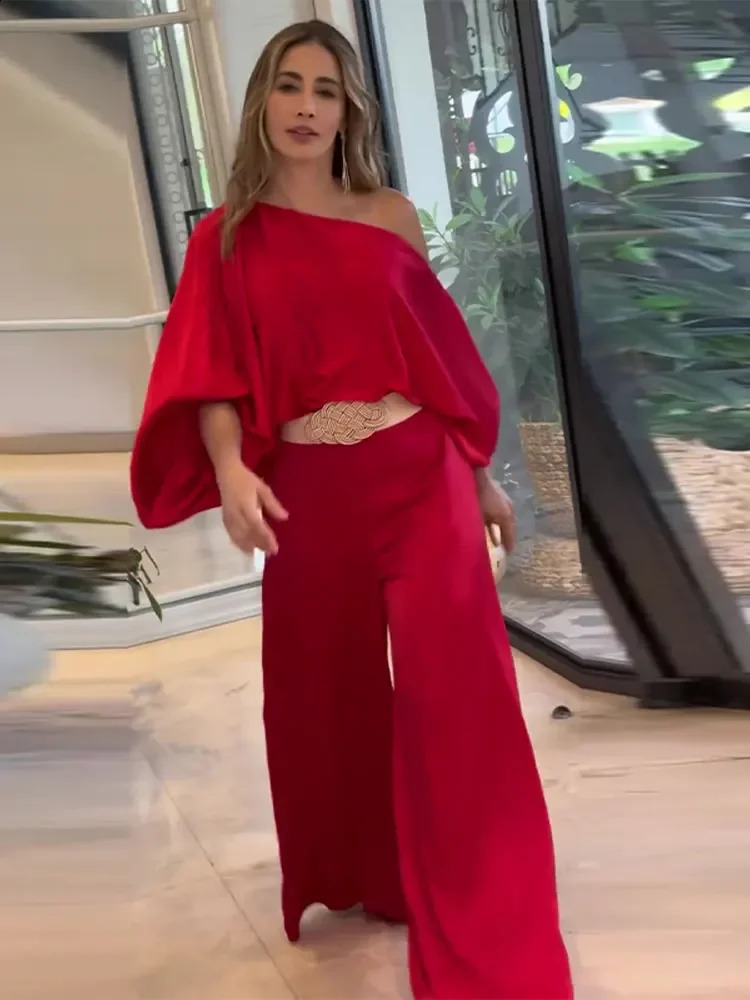 Rose Floral Printed Diagonal Collar Shirt Pants Sets Womens Lantern Sleeve Blouse Solid Wide Leg Suits Chic Streetwear 240124