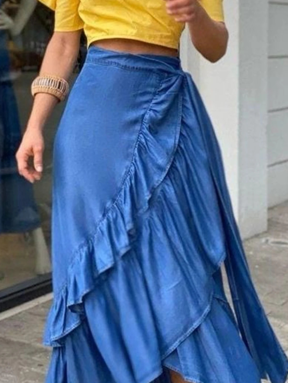Women Plus Size Denim Skirt A-Line Casual Streetwear Party Club Y2K Vintage Elegant Plain Ruffle Hem Knot Waist Maxi Skirt 240131