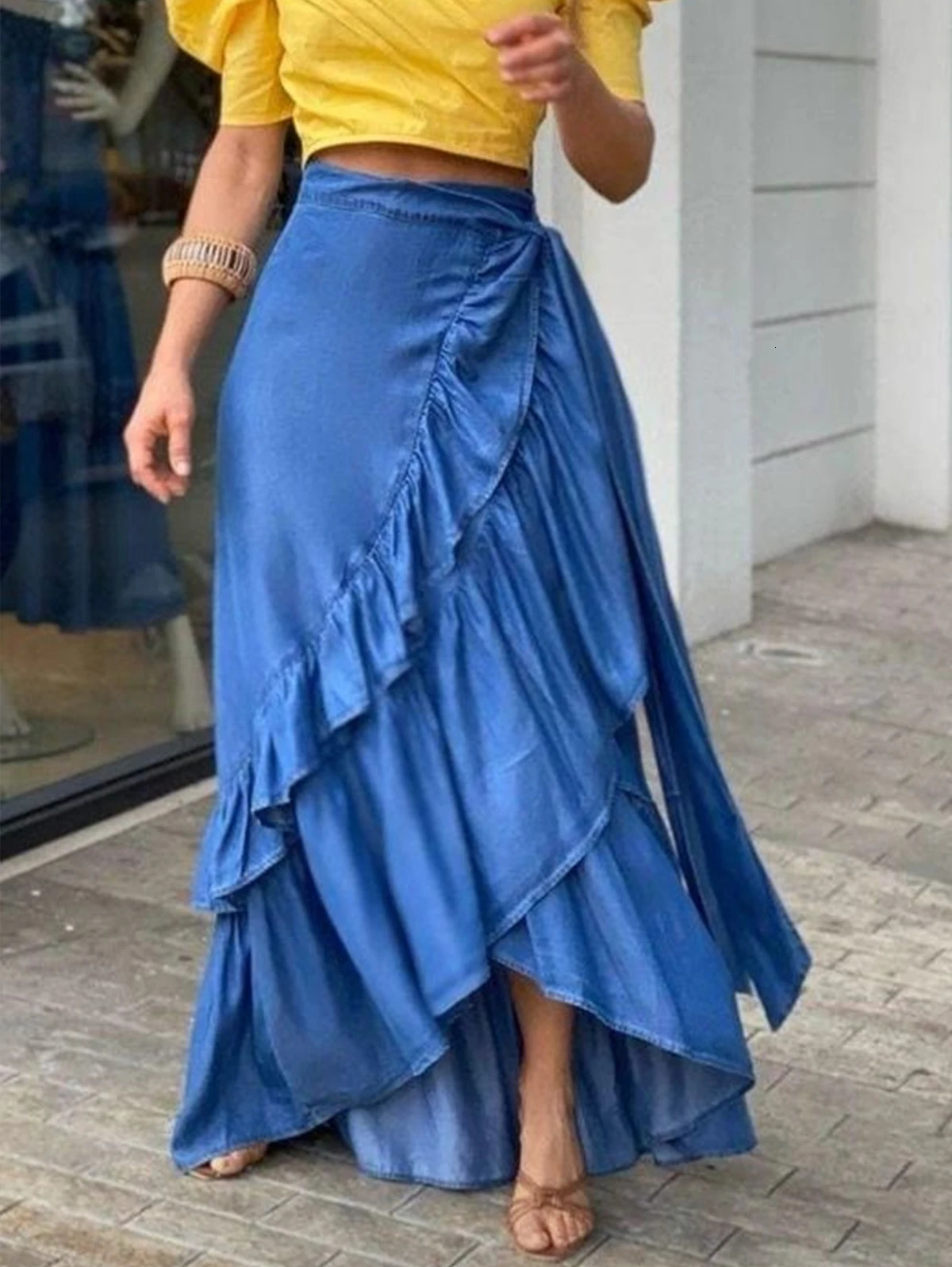 Women Plus Size Denim Skirt A-Line Casual Streetwear Party Club Y2K Vintage Elegant Plain Ruffle Hem Knot Waist Maxi Skirt 240131