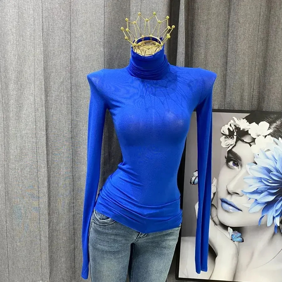 Wholesale Thin Turtleneck Top Slim Fit T Shirts Spring Autumn Elastic Transparent Long Sleeve Solid Women High Collar T Shirt 240118Z