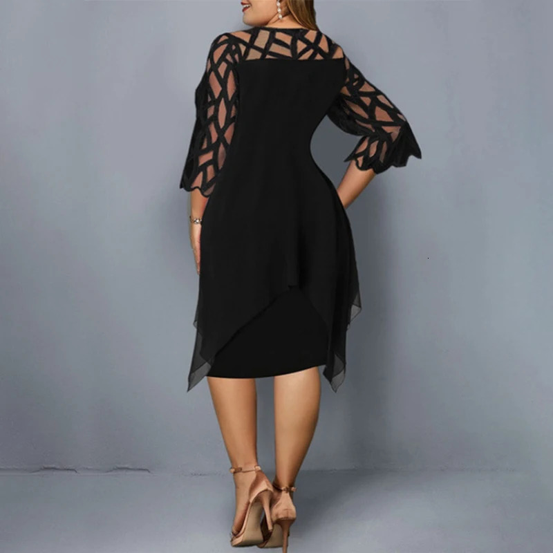 Elegant Lace Mesh Plus Size Dresse Sexy Hollow Out Oversize Dress Loose Casual Vestidos De Fiesta Midi Robes Femme 240202