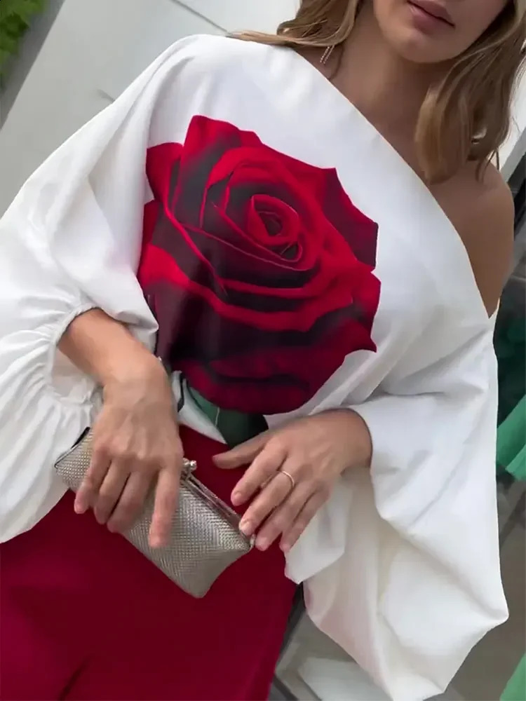 Rose Floral Printed Diagonal Collar Shirt Pants Sets Womens Lantern Sleeve Blouse Solid Wide Leg Suits Chic Streetwear 240124