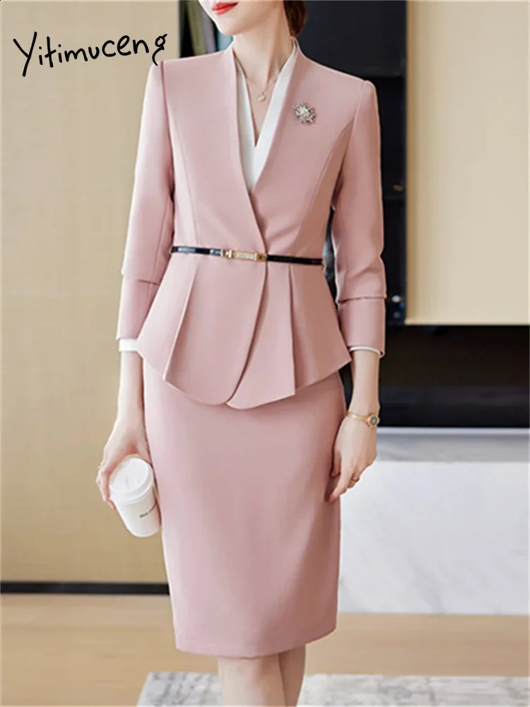 Yitimuceng Slim 2 Piece Blazer and Skirt Fashion Office Ladies V Neck Long Sleeve Blazers Elegant Solid Suits 240202
