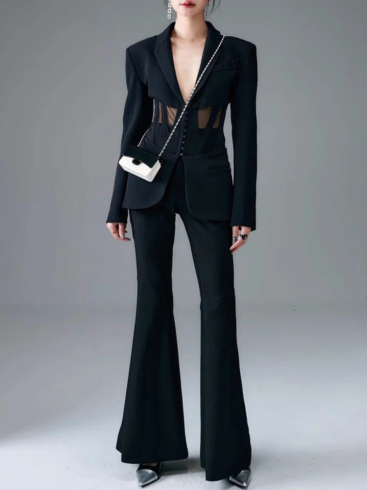 TWOTWINSTYLE Solid Blazers For Women Notched Collar Long Sleeves Patchwork Mesh Slimming Sexy Blazer Female Fashion Clothes 240130