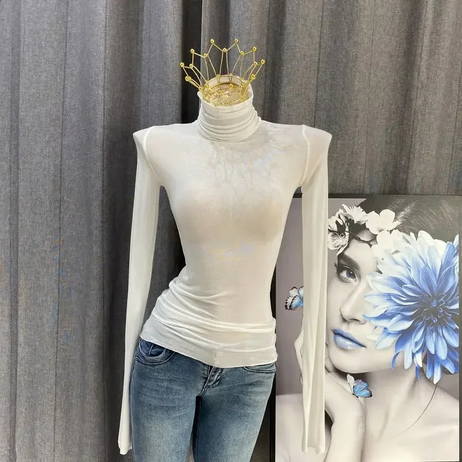 Wholesale Thin Turtleneck Top Slim Fit T Shirts Spring Autumn Elastic Transparent Long Sleeve Solid Women High Collar T Shirt 240118Z