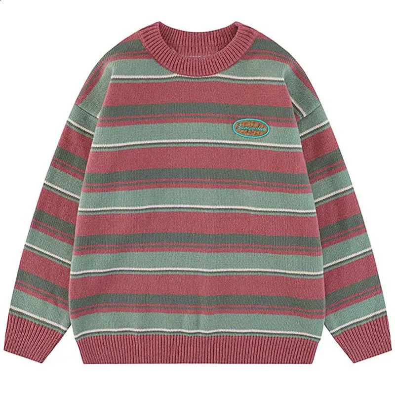 Japanese Patchwork Striped Sweater Men Knitwears Winter Retro Vintage Harajuku Pullover Knit Embroidery Knitted Sweater 240127