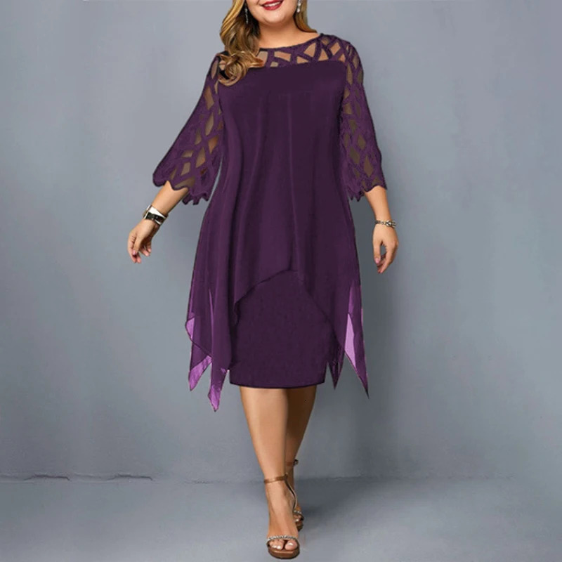 Elegant Lace Mesh Plus Size Dresse Sexy Hollow Out Oversize Dress Loose Casual Vestidos De Fiesta Midi Robes Femme 240202