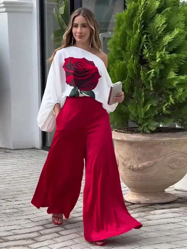 Rose Floral Printed Diagonal Collar Shirt Pants Sets Womens Lantern Sleeve Blouse Solid Wide Leg Suits Chic Streetwear 240124