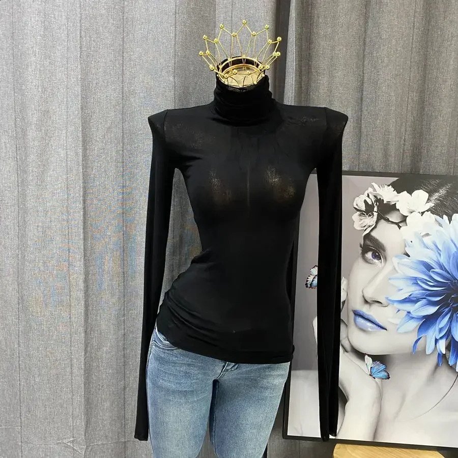 Wholesale Thin Turtleneck Top Slim Fit T Shirts Spring Autumn Elastic Transparent Long Sleeve Solid Women High Collar T Shirt 240118Z