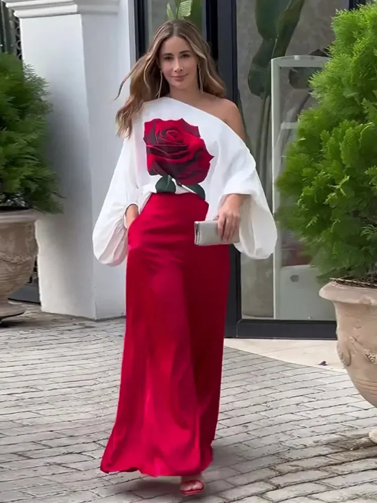 Rose Floral Printed Diagonal Collar Shirt Pants Sets Womens Lantern Sleeve Blouse Solid Wide Leg Suits Chic Streetwear 240124