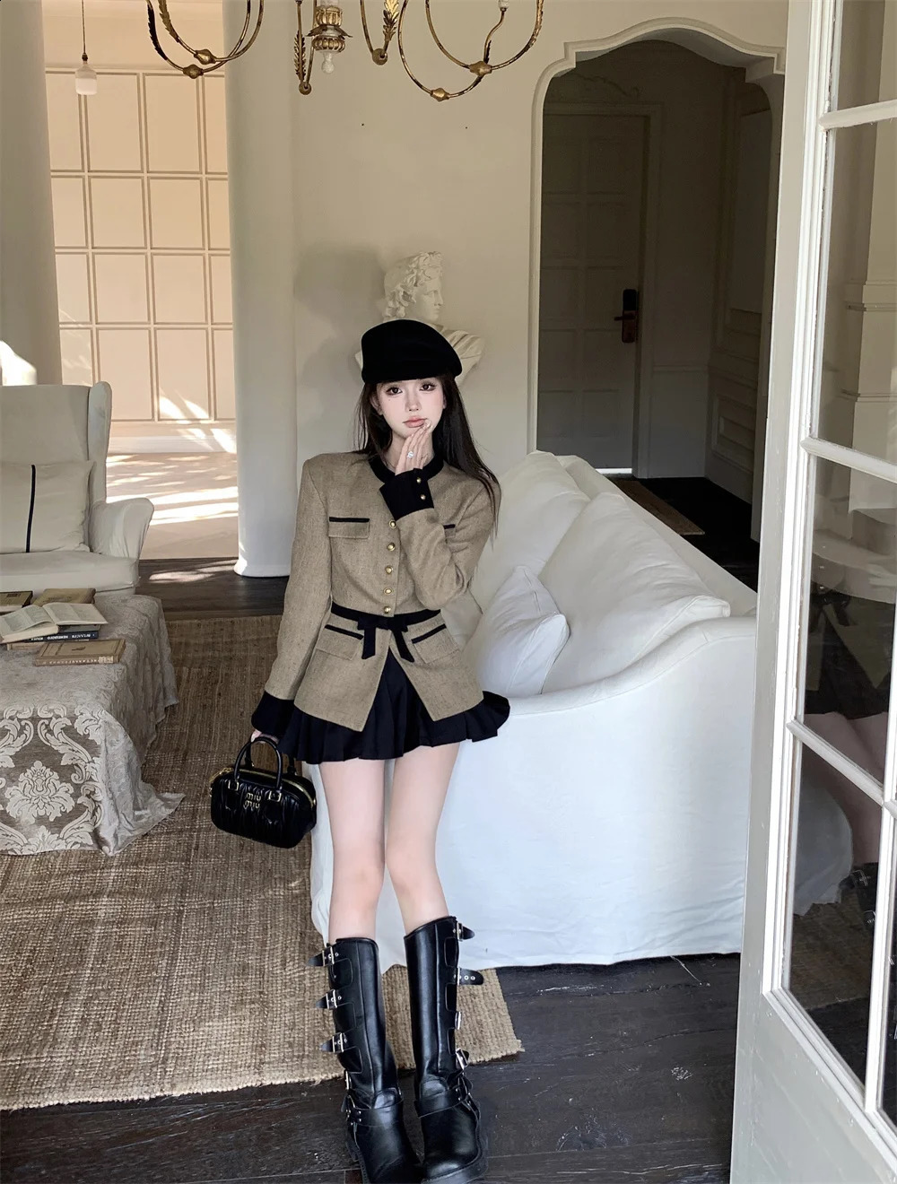 Womens Small Fragrance Short Stand Neck Waist Raglan Suit Pleated Skirt Set Vintage Casual Belt Coat Two Piece 240202