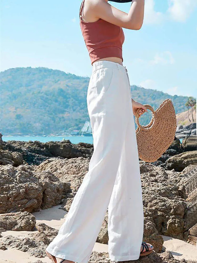 Womens Pants Summer Cotton Linen Wide Leg Full Length Casual Solid White Loose High Waist Straight Trouser 240201