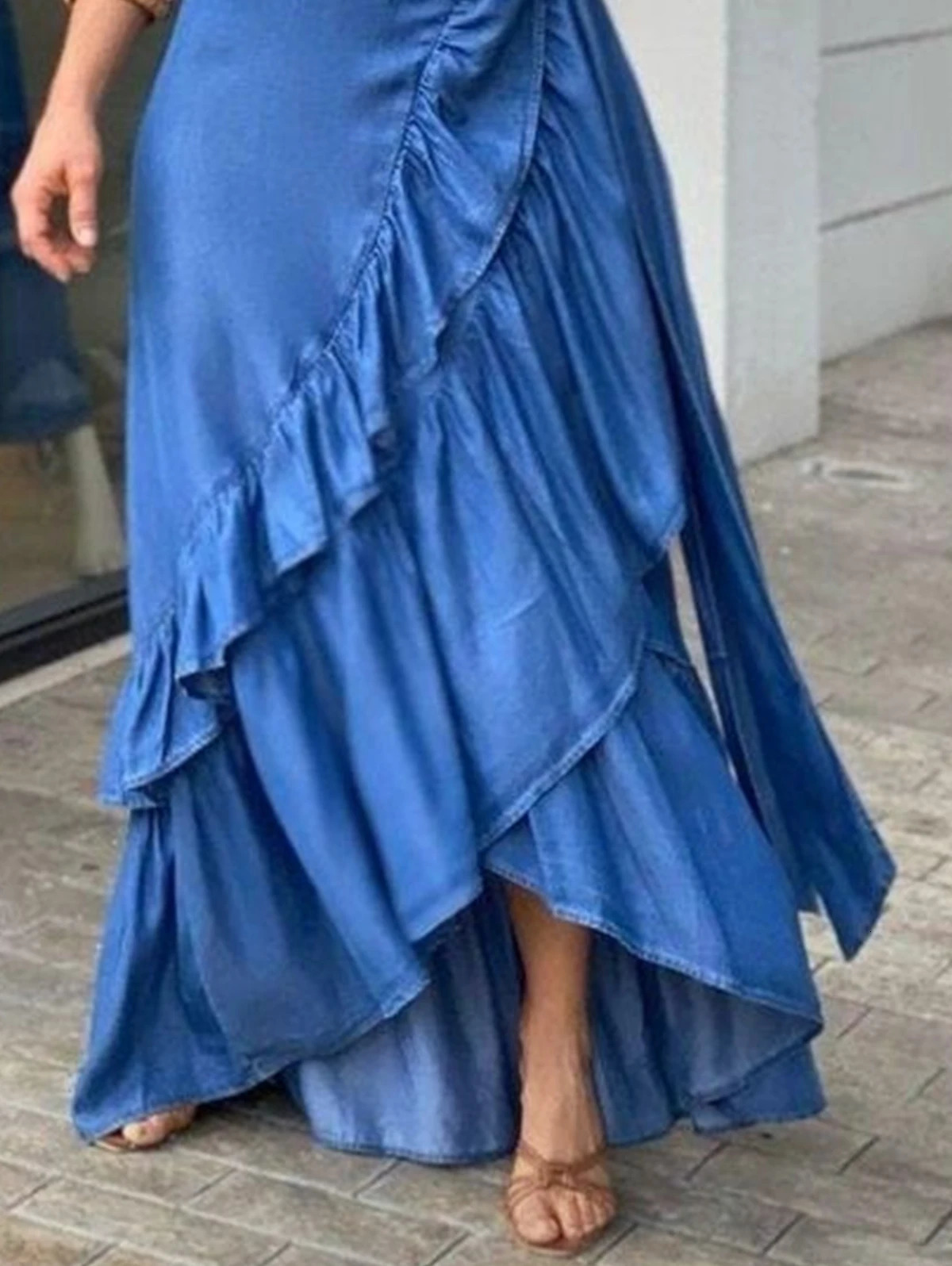 Women Plus Size Denim Skirt A-Line Casual Streetwear Party Club Y2K Vintage Elegant Plain Ruffle Hem Knot Waist Maxi Skirt 240131