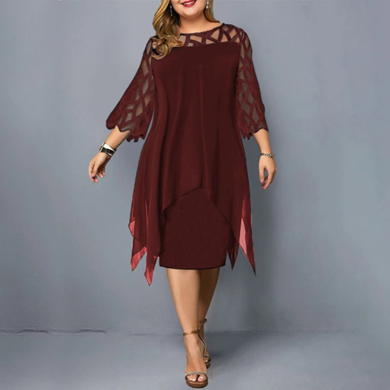 Elegant Lace Mesh Plus Size Dresse Sexy Hollow Out Oversize Dress Loose Casual Vestidos De Fiesta Midi Robes Femme 240202