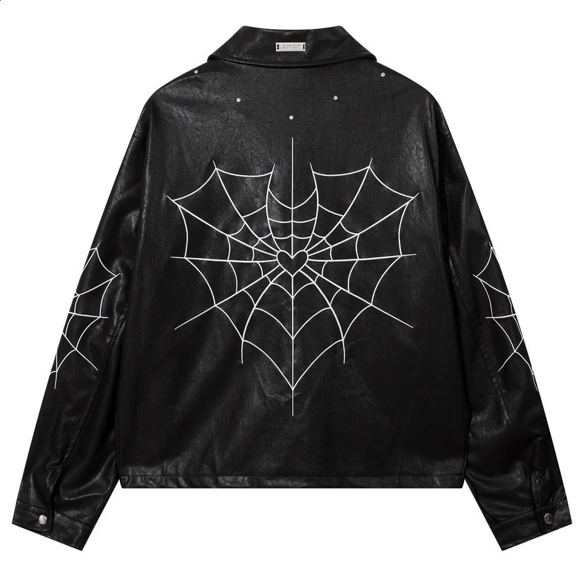 Winter Gothic Zip-up Coats Women Spider Web Embroidery Casual Jackets Hipster Y2k Harajuku Punk Streetwear Leather Jacket Coats 240124