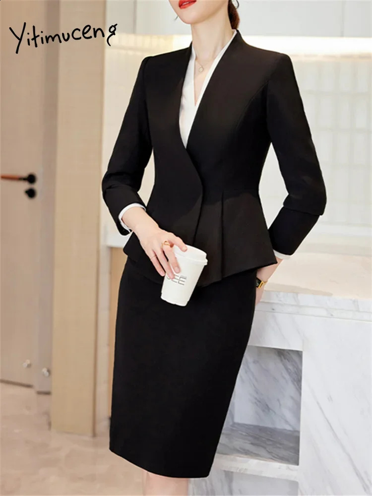 Yitimuceng Slim 2 Piece Blazer and Skirt Fashion Office Ladies V Neck Long Sleeve Blazers Elegant Solid Suits 240202