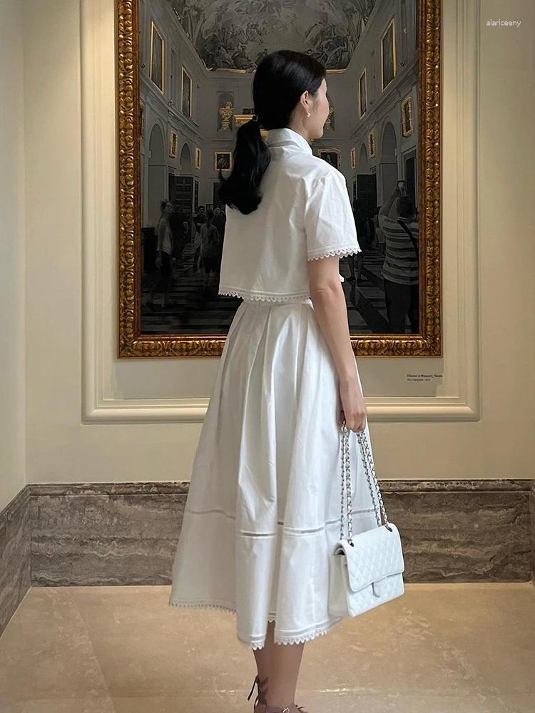 GALCAUR Work Dresses Set Elegant Two-Piece Lapel Short Sleeve Top & High Waist A-Line Pleated Skirt for Women - Solid Summer Outfit C260312