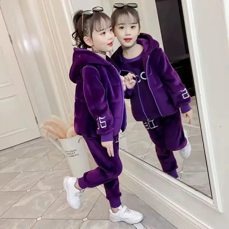 2024 winter girls tracksuit Autumn Toddler Teenager Clothes tiger velvet jacket hoodie Pant Children Kids 8 9 10 11 12 year 240122