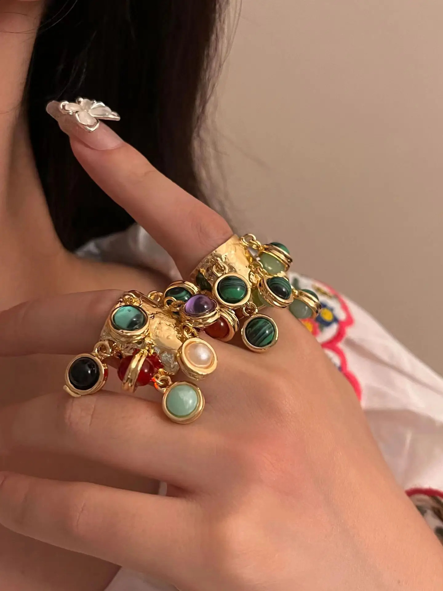 Vintage Natural Stone Pendant Tassel Open Rings Exaggerated Chunky Party Travel Jewelry Gift for Women Girl 240125