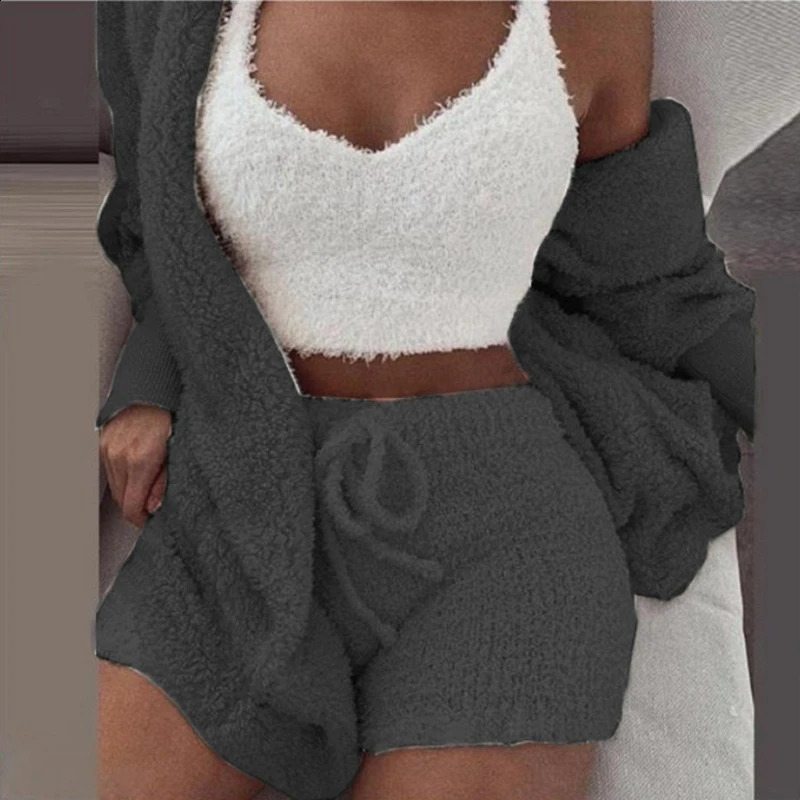 Fluffy Pajamas Set for Women Casual Sleepwear Tank Top and Shorts Plus Size Hoodie Leisure Homsuit Winter 3 Pieces Pijamas 240129