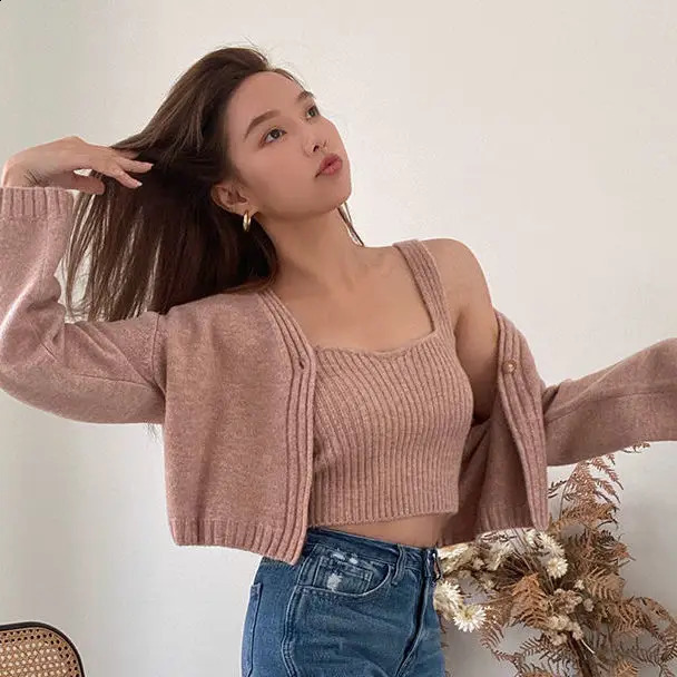 Korean style Autumn Winter Women With Camis Crop Knitted Cardigan Sweater Jumper 2 Piece Tops 240202