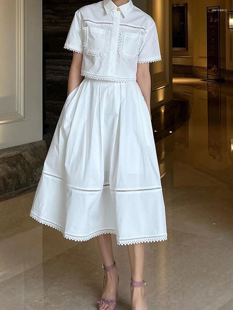 GALCAUR Work Dresses Set Elegant Two-Piece Lapel Short Sleeve Top & High Waist A-Line Pleated Skirt for Women - Solid Summer Outfit C260312