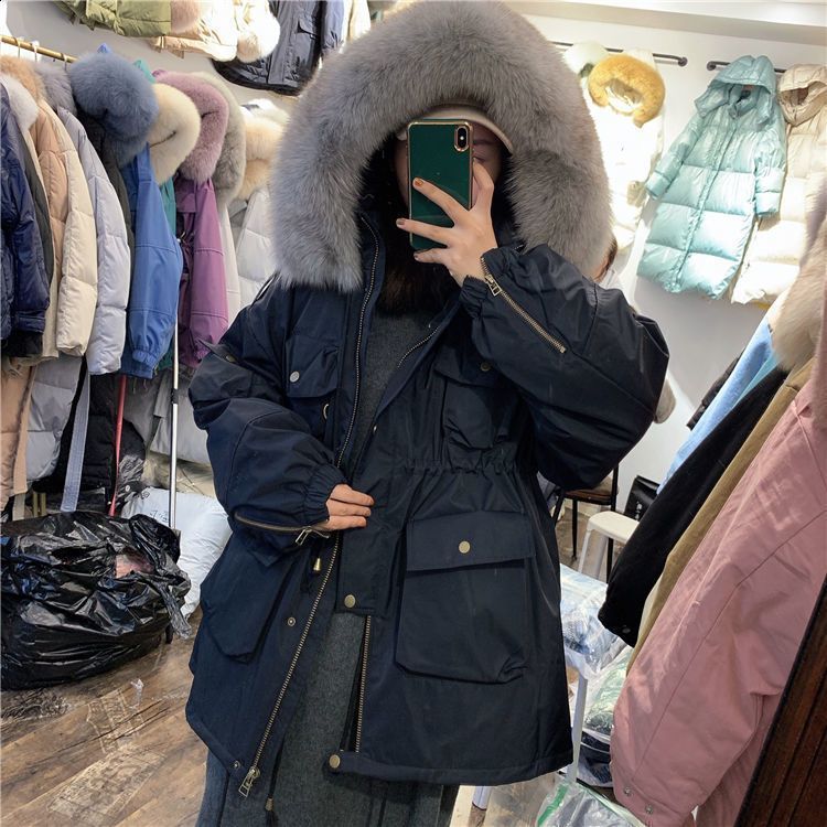 Large Natural Raccoon Fur Women Down Coat Winter Thick 90% White Duck Down Parka Female Hooded Short Jacket Loose Down Outerwear 211007wtt