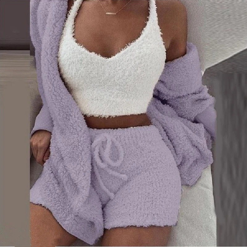 Fluffy Pajamas Set for Women Casual Sleepwear Tank Top and Shorts Plus Size Hoodie Leisure Homsuit Winter 3 Pieces Pijamas 240129
