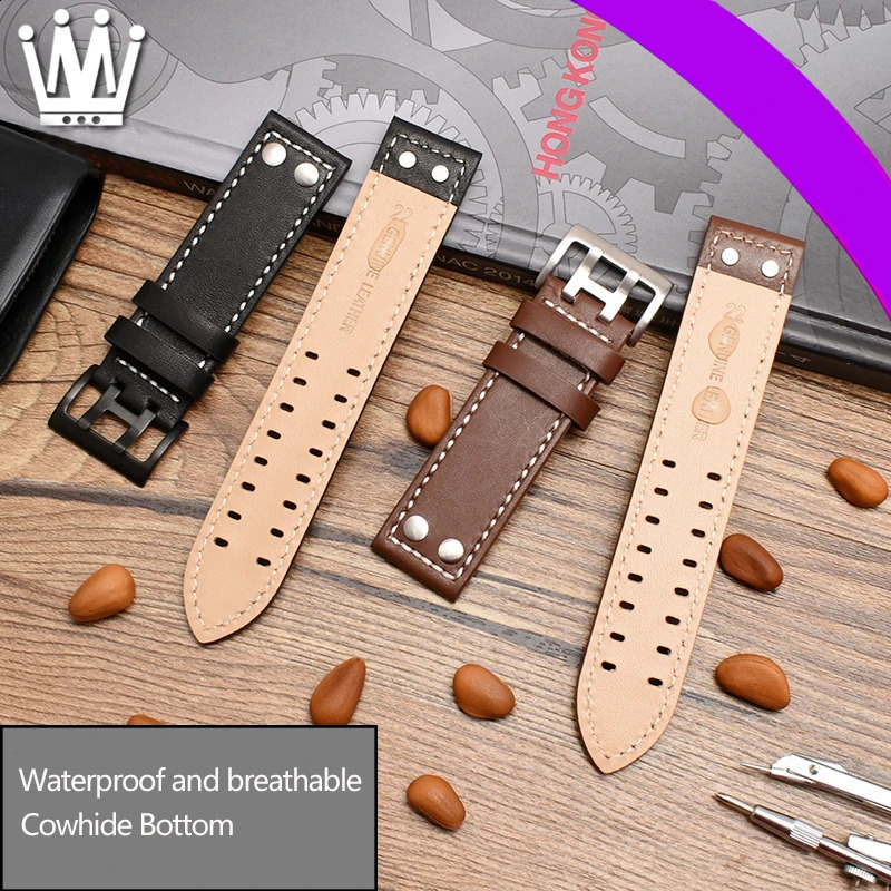 Genuine Leather Watchband for Hamilton Khaki Aviation Field Series Mens Watch Band Bracelte with Rivets Strap Brown 20mm 22mm 240125