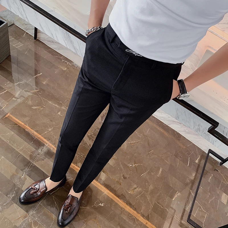 Black White Embroidered Business Formal Pants Men Korean Style Slim Office Social Suit Pants High Quality Streetwear Ankle Pants 240124