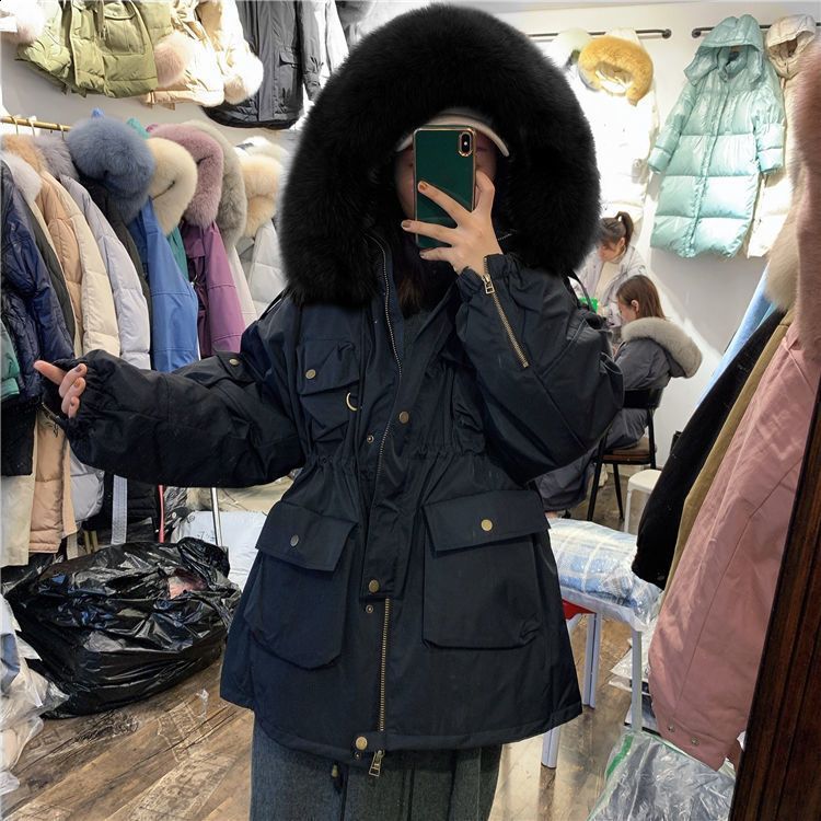 Large Natural Raccoon Fur Women Down Coat Winter Thick 90% White Duck Down Parka Female Hooded Short Jacket Loose Down Outerwear 211007wtt