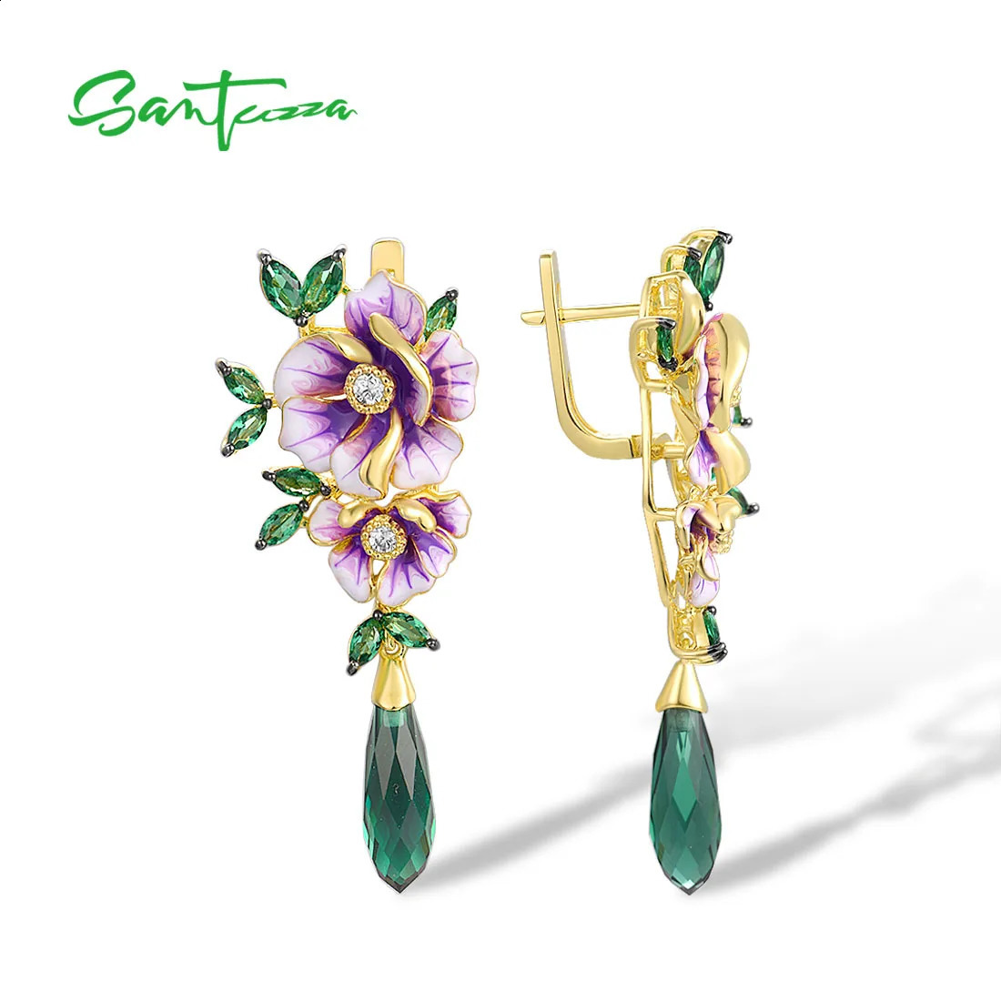 SANTUZZA Pure 925 Sterling Silver Drop Earrings For Women Green Stones White CZ Enamel Flower Delicate Fine Jewelry Handmade 240127