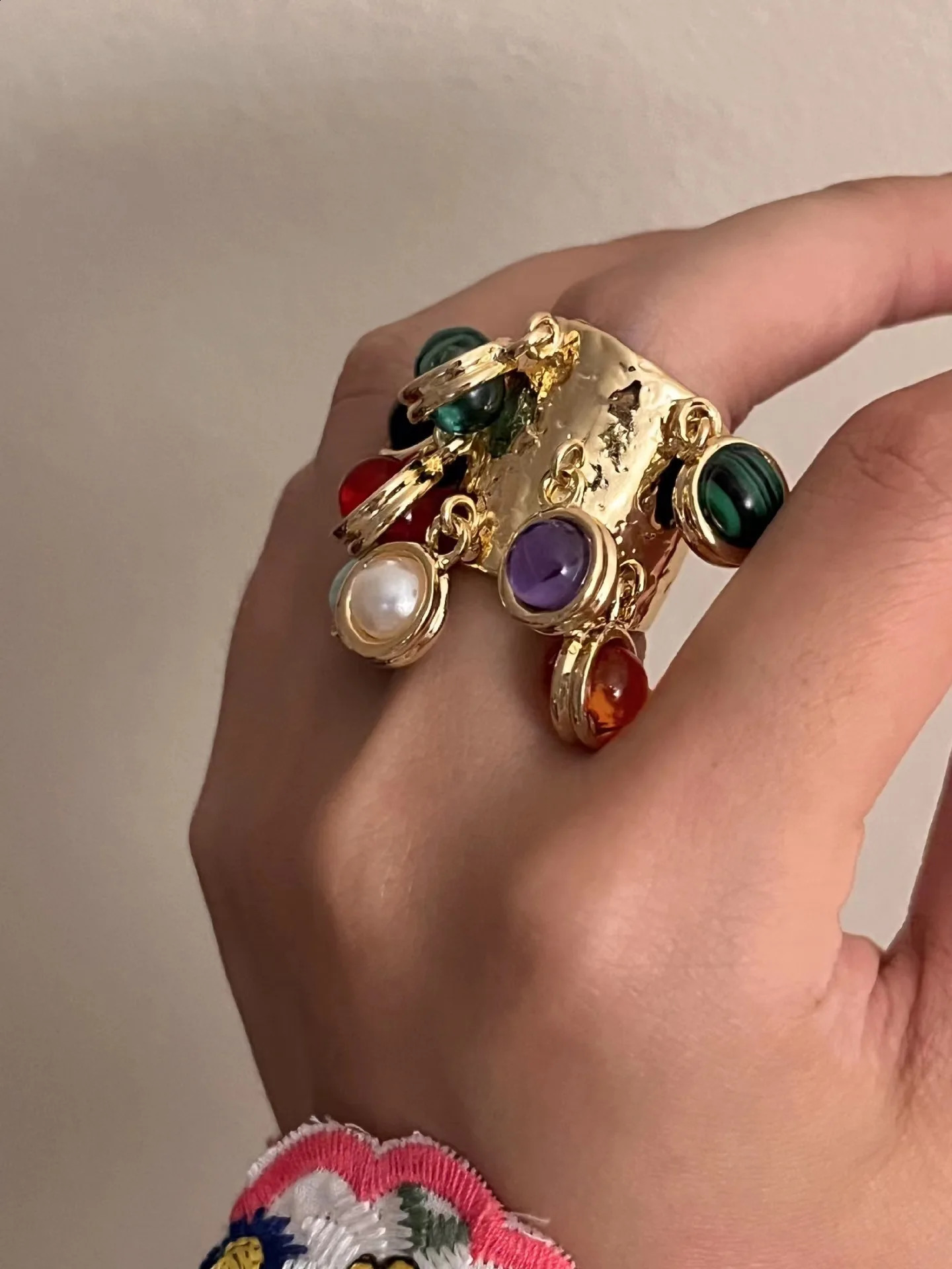 Vintage Natural Stone Pendant Tassel Open Rings Exaggerated Chunky Party Travel Jewelry Gift for Women Girl 240125