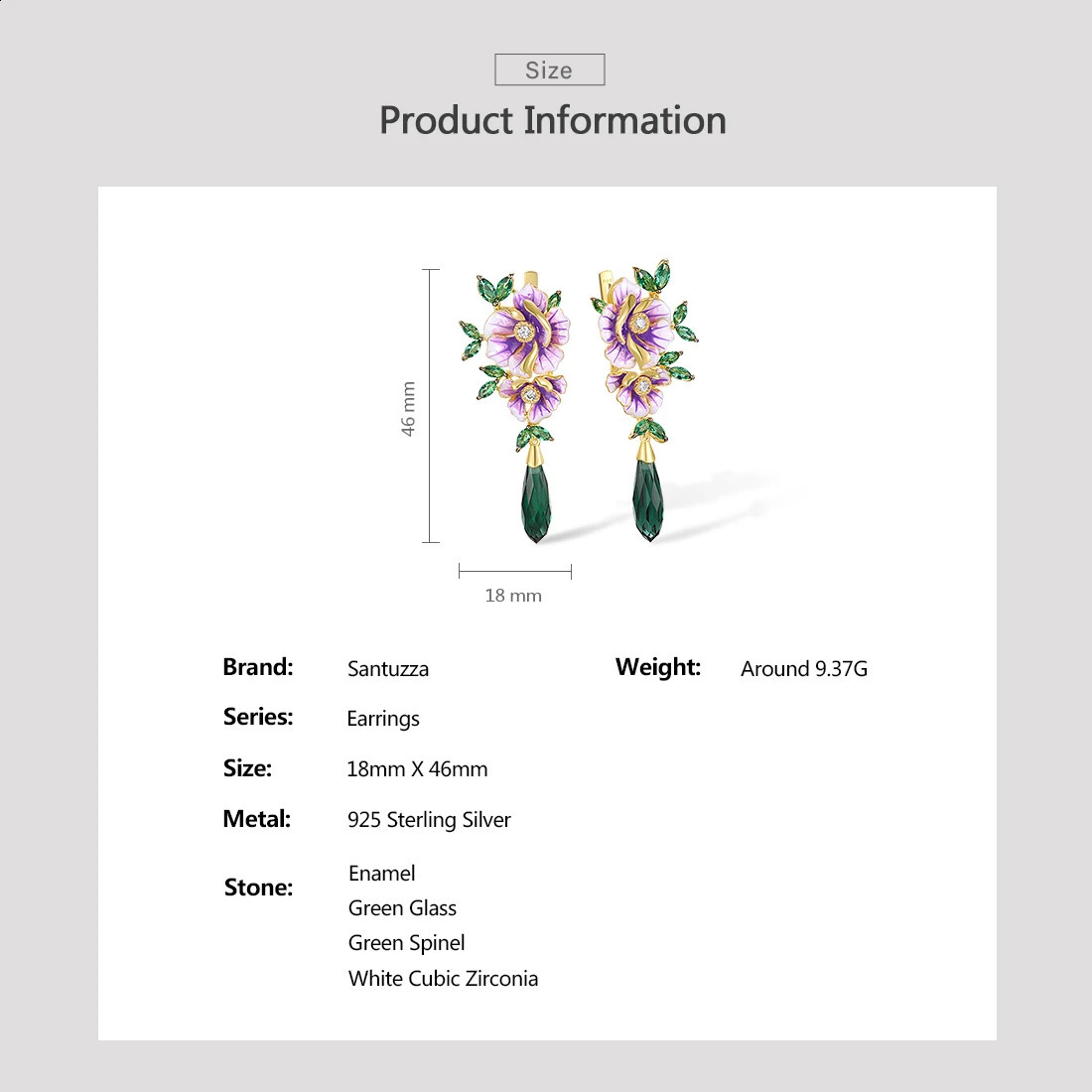 SANTUZZA Pure 925 Sterling Silver Drop Earrings For Women Green Stones White CZ Enamel Flower Delicate Fine Jewelry Handmade 240127
