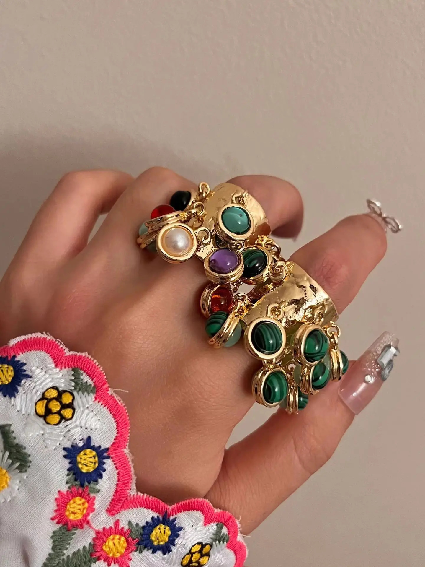 Vintage Natural Stone Pendant Tassel Open Rings Exaggerated Chunky Party Travel Jewelry Gift for Women Girl 240125
