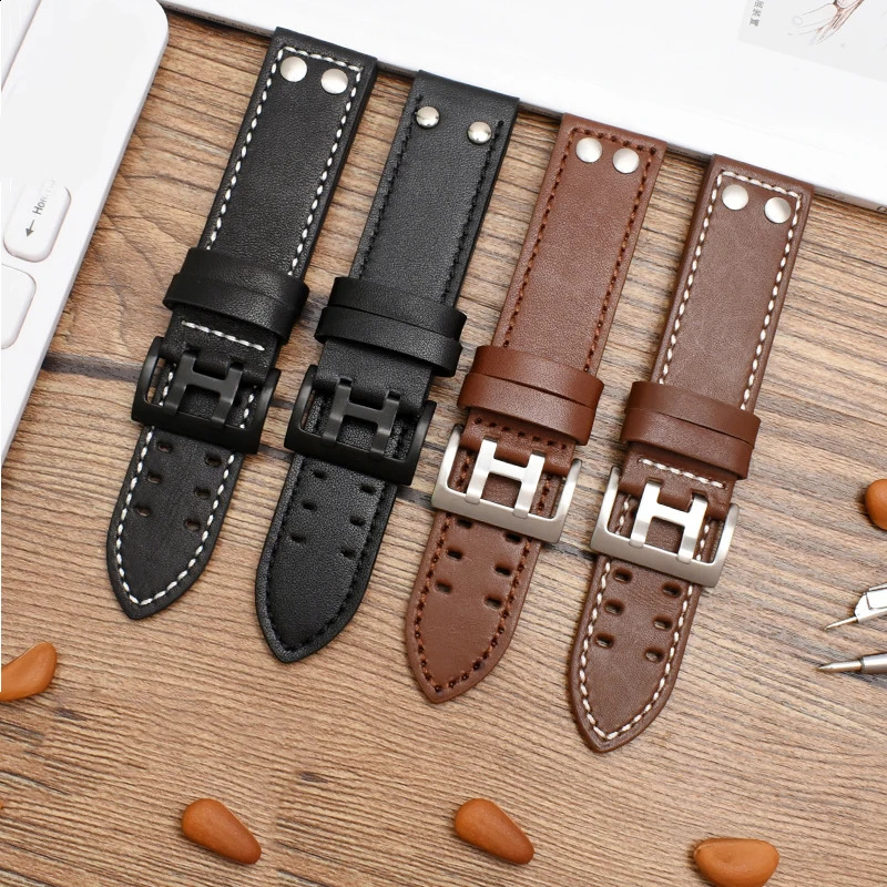 Genuine Leather Watchband for Hamilton Khaki Aviation Field Series Mens Watch Band Bracelte with Rivets Strap Brown 20mm 22mm 240125