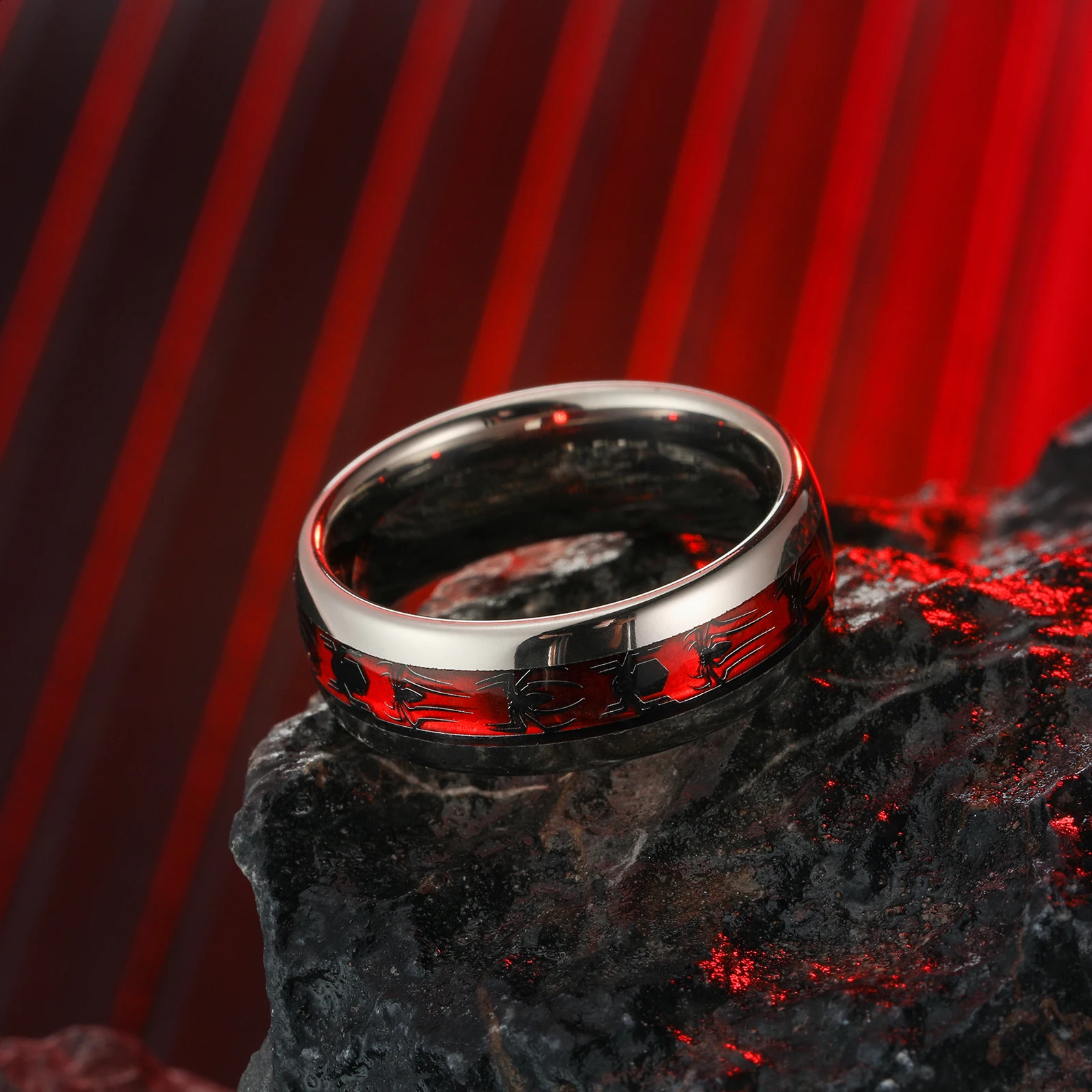 NUNCAD 8mm Wide Inlaid Red Opal Paper Spider Motif Tungsten Steel Mens Ring Wedding Band Tungsten Carbide Ring T227R 240125