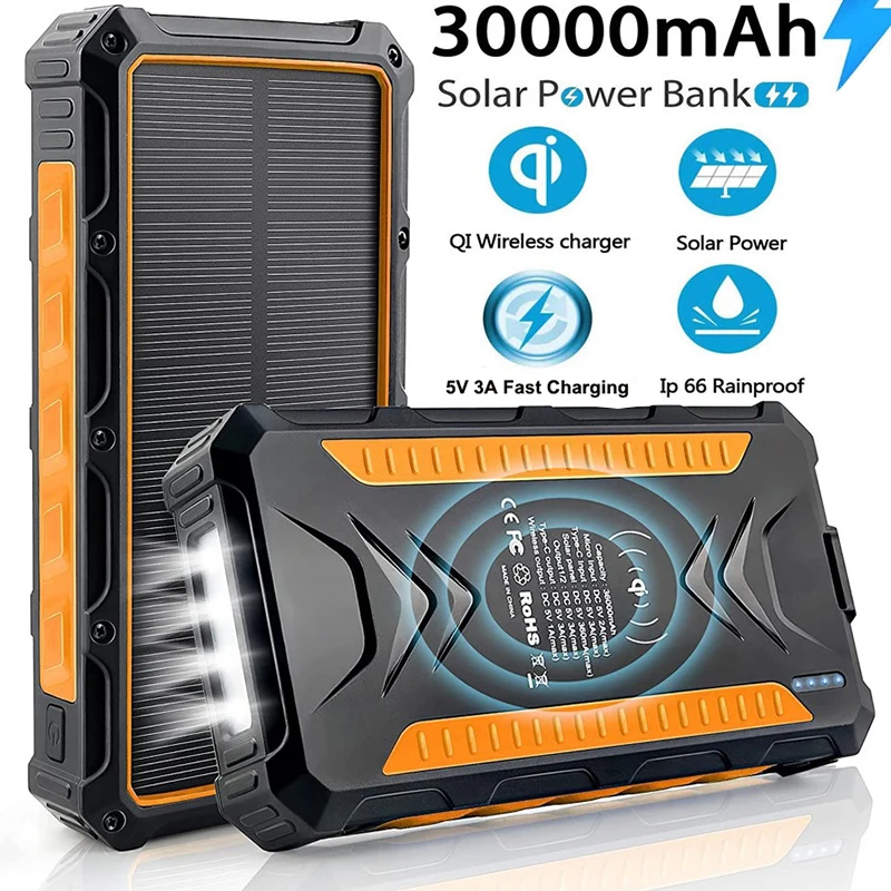 36000mAh Waterproof Solar Power Bank Qi Wireless Charger Powerbank For iPhone 13 Samsung S22 Xiaomi Poverbank with Camping Light