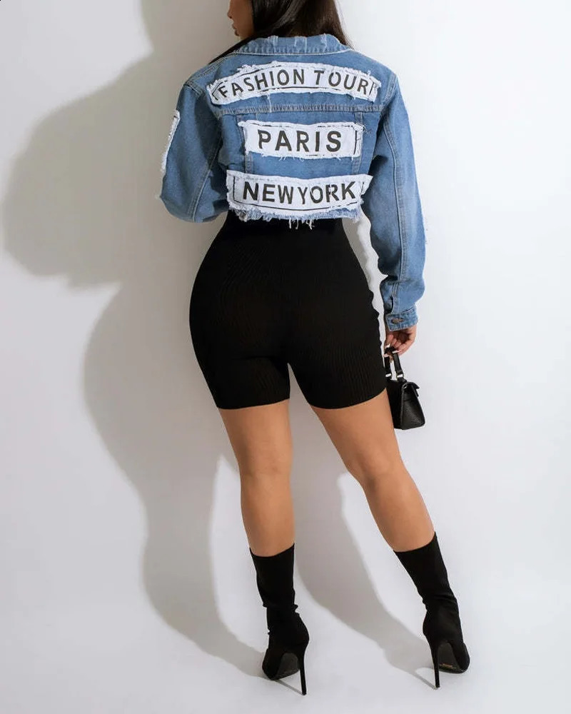 SpringSummer for Women 2023 Short Jacket Long Sleeve Fashion Casual Letter Patch Ripped Raw Hem Crop Denim Coat Denim Jackets 240119