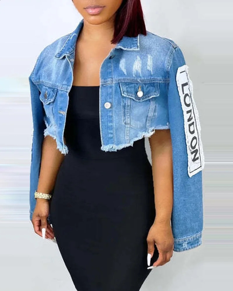 SpringSummer for Women 2023 Short Jacket Long Sleeve Fashion Casual Letter Patch Ripped Raw Hem Crop Denim Coat Denim Jackets 240119