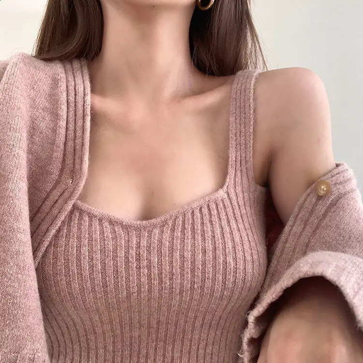 Korean style Autumn Winter Women With Camis Crop Knitted Cardigan Sweater Jumper 2 Piece Tops 240202