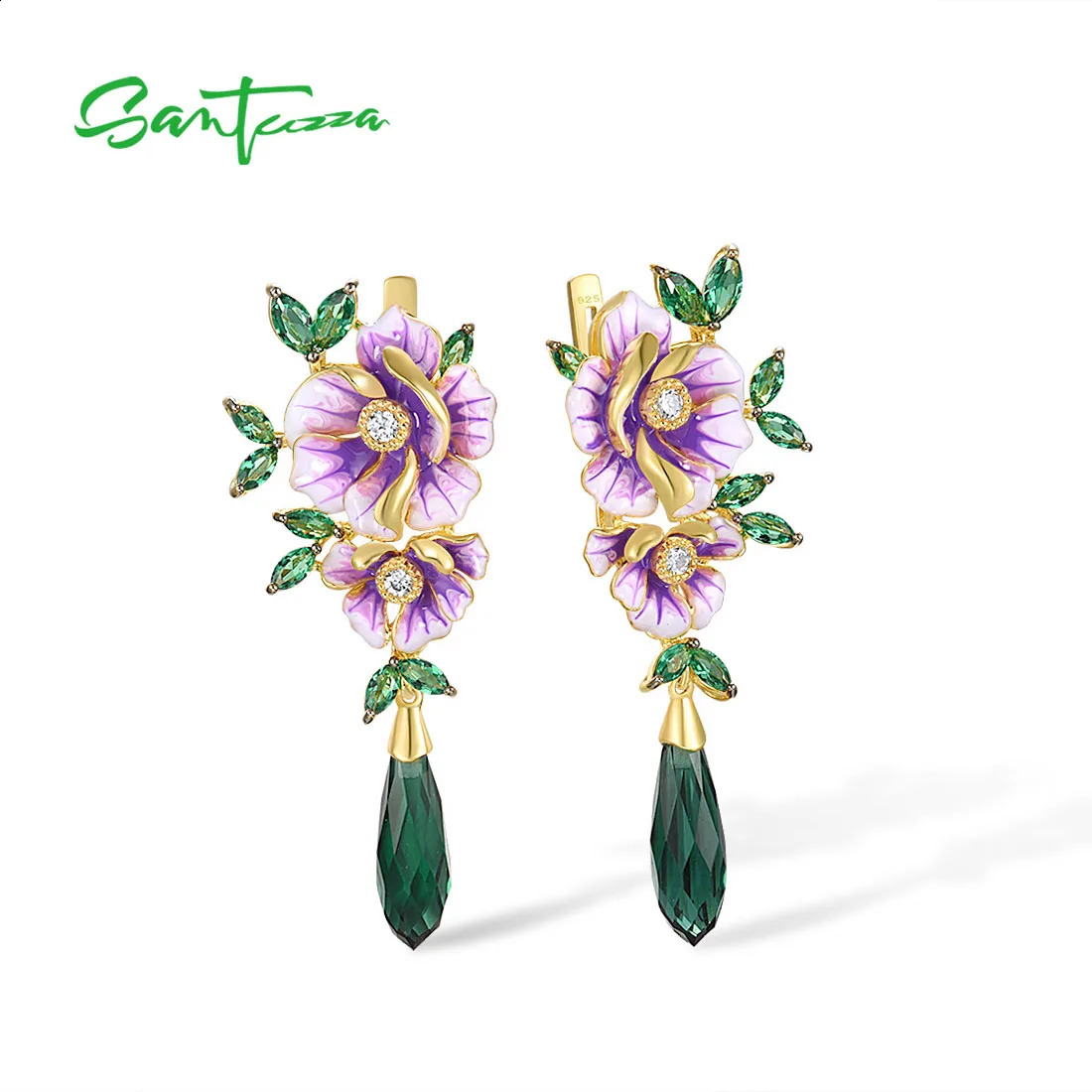 SANTUZZA Pure 925 Sterling Silver Drop Earrings For Women Green Stones White CZ Enamel Flower Delicate Fine Jewelry Handmade 240127