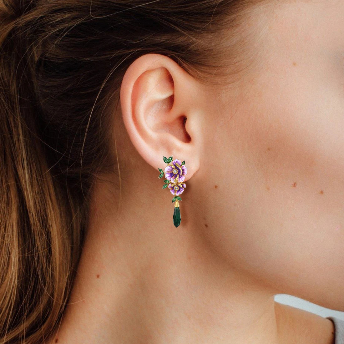 SANTUZZA Pure 925 Sterling Silver Drop Earrings For Women Green Stones White CZ Enamel Flower Delicate Fine Jewelry Handmade 240127