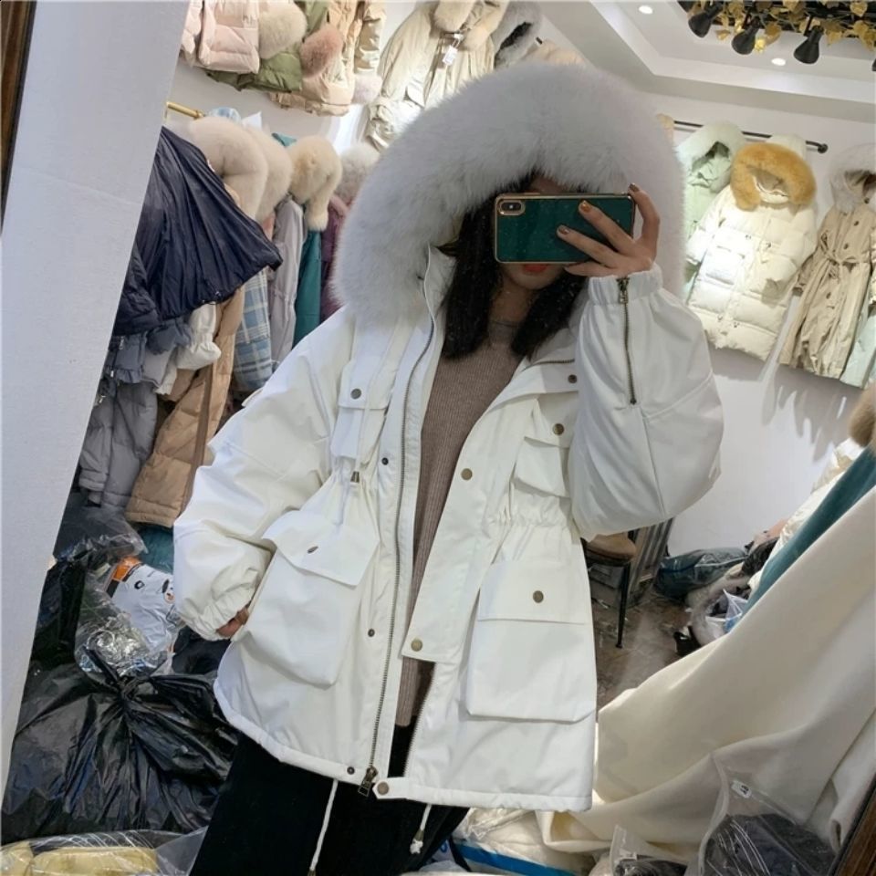 Large Natural Raccoon Fur Women Down Coat Winter Thick 90% White Duck Down Parka Female Hooded Short Jacket Loose Down Outerwear 211007wtt