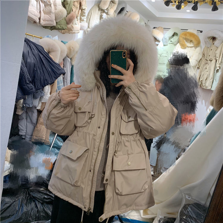 Large Natural Raccoon Fur Women Down Coat Winter Thick 90% White Duck Down Parka Female Hooded Short Jacket Loose Down Outerwear 211007wtt